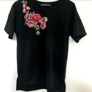 Black T-Shirt with Rose Patch